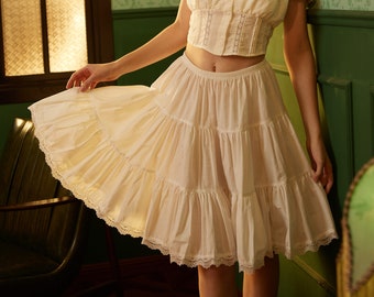 Petticoat Half Slip Cotton Woman Skirt Extender Crinoline Edged Lace A-line underskirt with Elastic waistband in three lengths