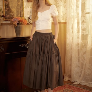 Brown Skirt Tiered Pocket Maxi Skirt Cotton Long Skirt Boho Pleated Skirt Flexible Waistband, Perfect for All Seasons image 3