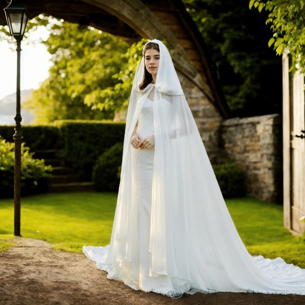 Hochzeitsumhang Braut Mittelalter Langer Chiffon Umhang Weißer Chiffon Umhang Weißer Brautumhang Hochzeitsumhang Elfenbein/Weißes Cape