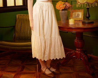 Petticoat Skirt 100% Cotton Half Slip Crinoline Jupon Skirt Extender Underskirt with Lace Embroidery Ivory/Cream/Black