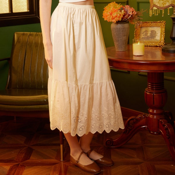 Petticoat Skirt 100% Cotton Half Slip Crinoline Jupon Skirt Extender Underskirt with Lace Embroidery Ivory/Cream/Black