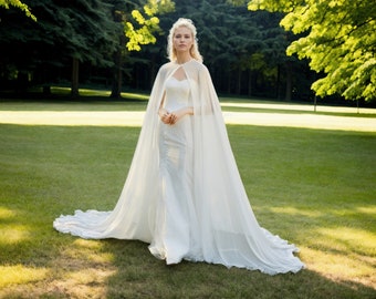 Bridal Cape Pearl Ivory Chiffon Long Cape Wedding cape for Bride Wedding Cloak With Train Photo Shoot Cape