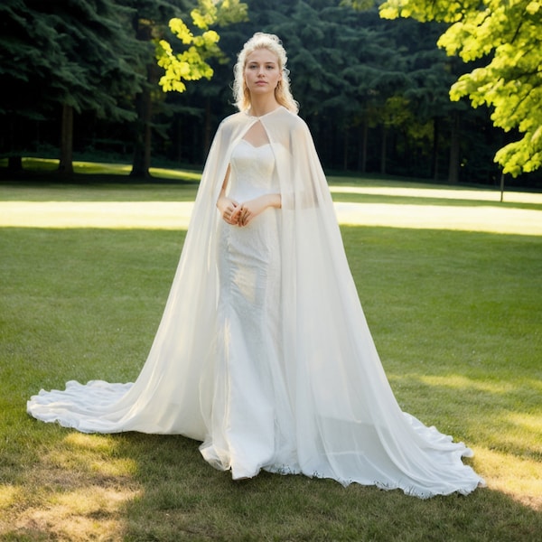 Bridal Cape Pearl Ivory Chiffon Long Cape Wedding cape for Bride Wedding Cloak With Train Photo Shoot Cape