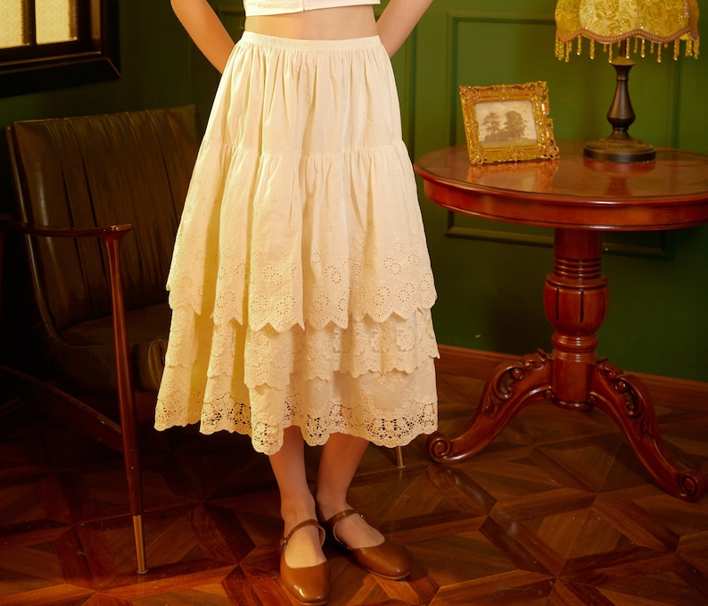 Half Slip Cotton Skirt Extender Tiered Lace Hem Underskirt Elastic waistband Romantic floral lace Petticoat Calf Length Skirt Ivory/Cream image 2