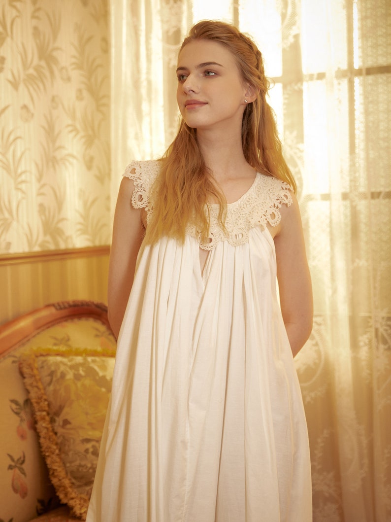 Victorian Nightgown for Women Vintage Nightie 100% Cotton Sleeveless long Sleepwear Plus Size Nightgown image 6