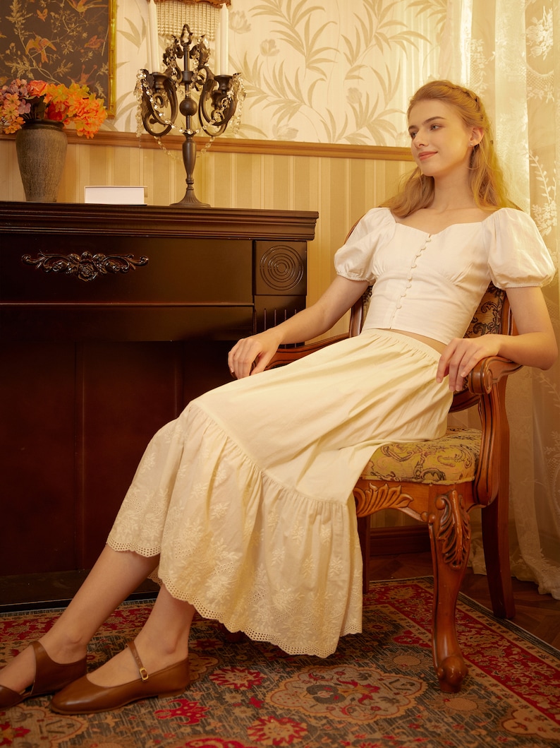 Petticoat Halber Slip Baumwolle Damenrock Verlängerungskleid Vintage Unterrock mit Blumenranke Spitzenstickerei Bild 5