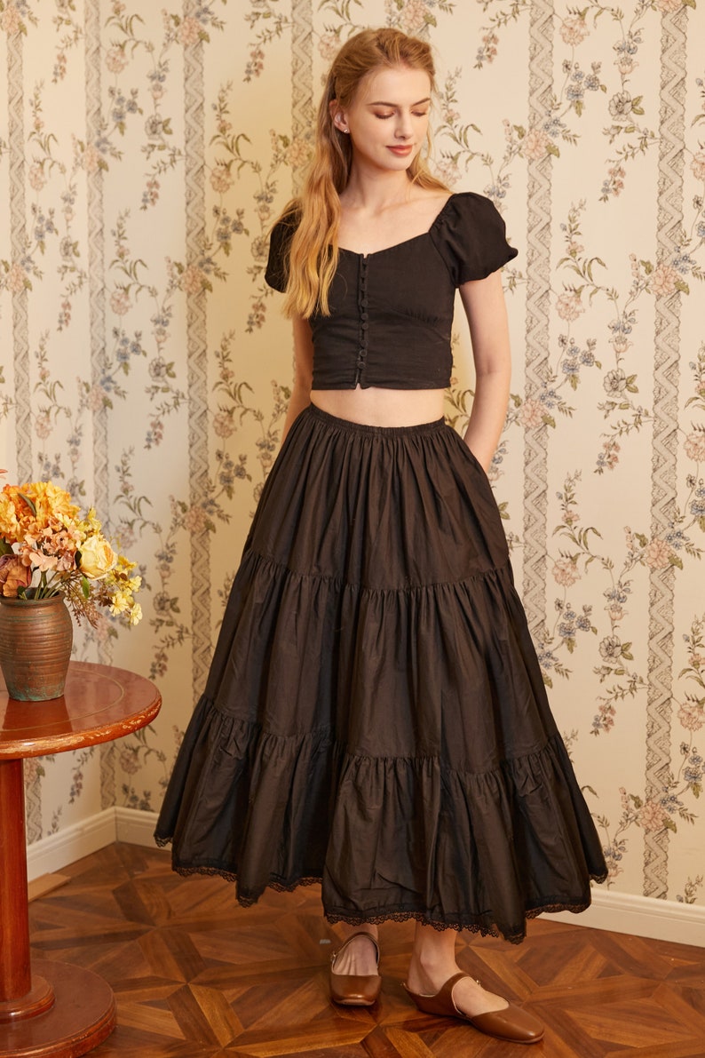 Petticoat Half Slip Cotton Woman Skirt Extender Crinoline Edged Lace A-line underskirt with Elastic waistband in three lengths Black image 10