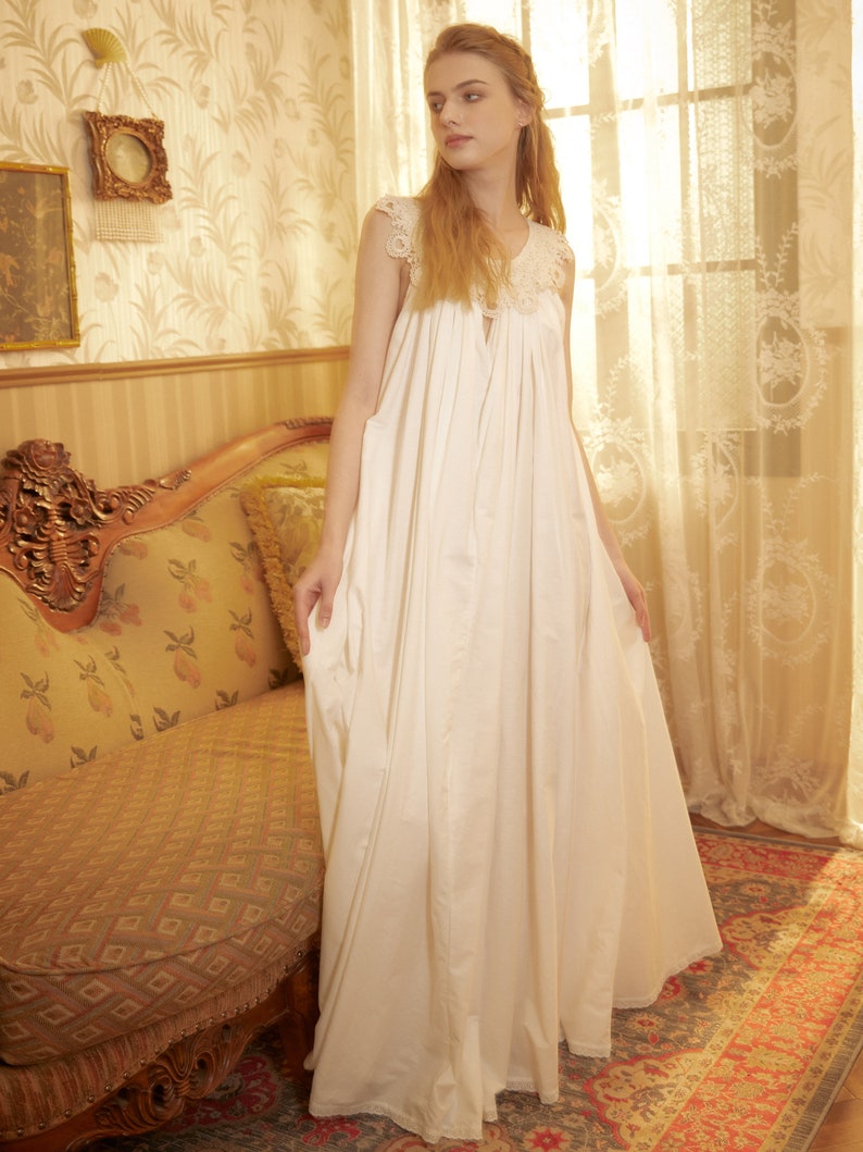 Victorian Nightgown for Women Vintage Nightie 100% Cotton Sleeveless long Sleepwear Plus Size Nightgown image 3