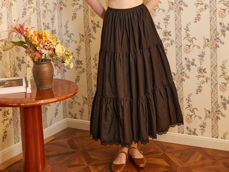 Petticoat Half Slip Cotton Woman Skirt Extender Crinoline Edged Lace A-line underskirt with Elastic waistband in three lengths Black image 1