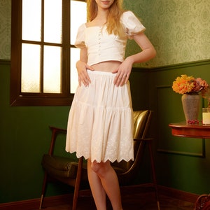 Petticoat Skirt 100% Cotton Half Slip Crinoline Skirt Extender Underskirt with Lace Embroidery Ivory/Black Knee Length image 4
