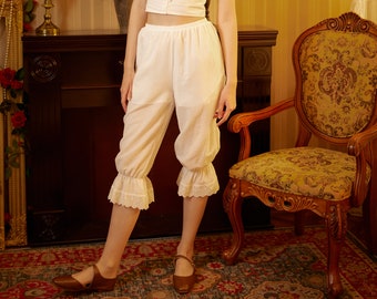 Vintage Bloomers Women Cotton Pantaloons Pajama Victorian Bloomers Capris Pants Sleepwear Pettipants with Elastic Lace Ruffle Hem Ivory