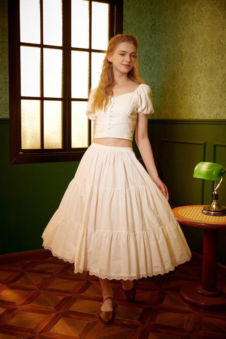 Petticoat Half Slip Cotton Woman Skirt Extender Edged Lace A-line underskirt with Elastic waistband in three lengths Ivory image 1