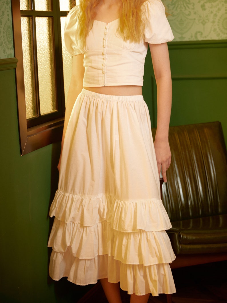 Falda enagua de algodón medio resbalón con tres capas de volantes falda extensora mujer enagua marfil imagen 4