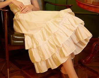 Petticoat Skirt Cotton Half Slip with Three Layers of Ruffles Skirt Extender Women Underskirt Ivory