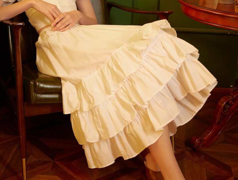 Falda enagua de algodón medio resbalón con tres capas de volantes falda extensora mujer enagua marfil imagen 1