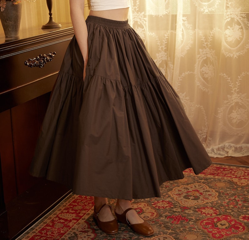 Brown Skirt Tiered Pocket Maxi Skirt Cotton Long Skirt Boho Pleated Skirt Flexible Waistband, Perfect for All Seasons image 8