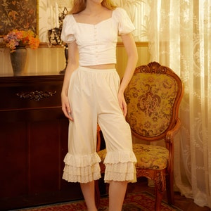 Vintage Cotton Bloomers Women Pantaloons Victorian Plus Size Bloomers Culottes Cropped Pants Loungewear Pettipants with Tiered Lace Edge image 3