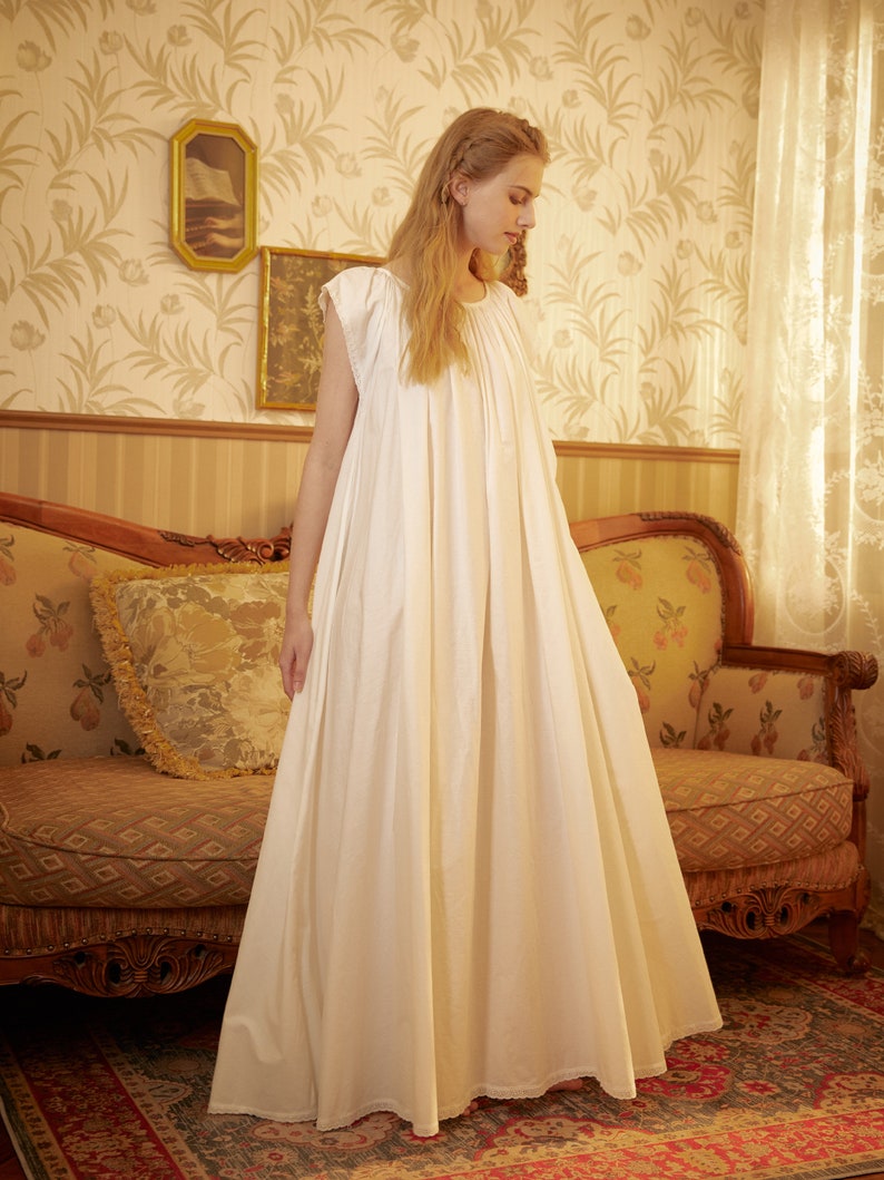 Nachtjapon Katoen Victoriaanse Vintage Nachtjapon Plus Size Witte Lange Nachtkleding Nachthemd Vloerlengte afbeelding 2