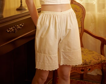 Baumwoll-Pumphose Damen Shorts mit Gänseblümchen Stickerei Blütensaum Pantalons Pyjama Hose Nachtwäsche Vintage Pettipants Ivory Cream
