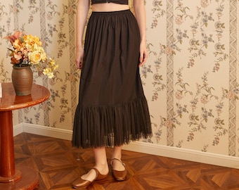 Half Slip Cotton Petticoat Skirt Extender with Pleated Mesh Hem Underskirt Under Dresses Black