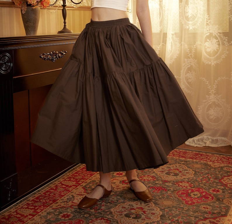 Brown Skirt Tiered Pocket Maxi Skirt Cotton Long Skirt Boho Pleated Skirt Flexible Waistband, Perfect for All Seasons image 1