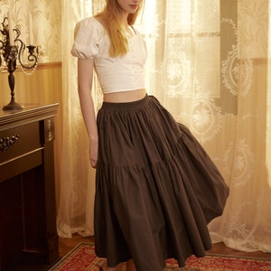 Brown Skirt Tiered Pocket Maxi Skirt Cotton Long Skirt Boho Pleated Skirt Flexible Waistband, Perfect for All Seasons image 4
