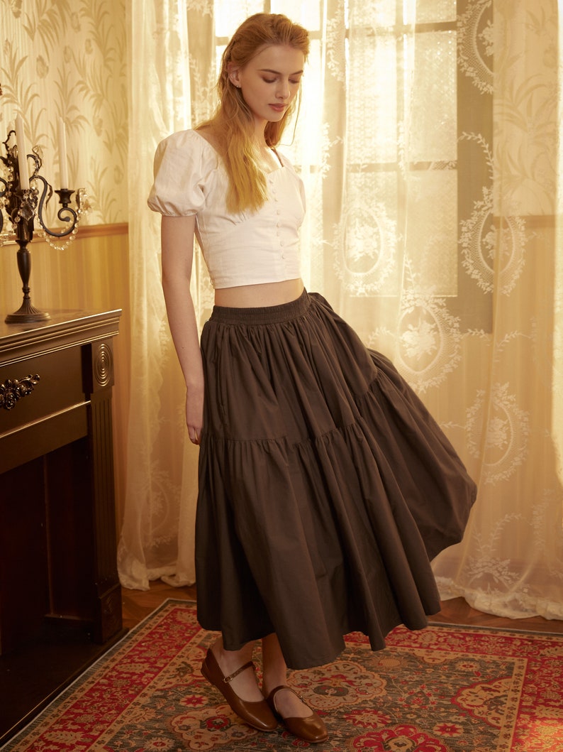 Brown Skirt Tiered Pocket Maxi Skirt Cotton Long Skirt Boho Pleated Skirt Flexible Waistband, Perfect for All Seasons image 4