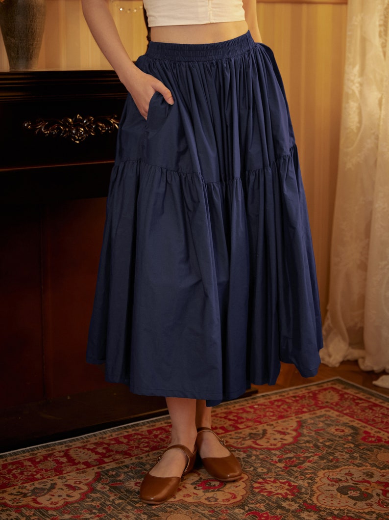 Tiered Pocket Maxi Skirt Cotton White Skirt Long Boho Pleated Skirt Flexible Waistband Versatile and Flattering, Perfect for All Seasons Navy Blue