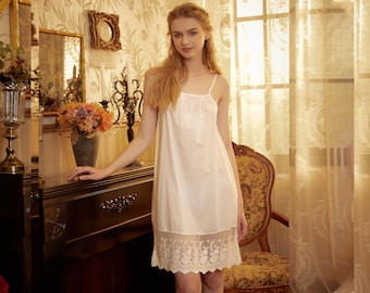 Women Full Cotton Slip Dress Vintage Petticoat Skirt Extender Sleepwear Full slip Strap Dress Flower and Vine Lace Hem