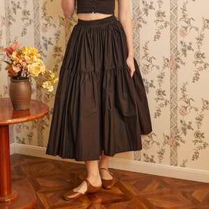 Brown Skirt Tiered Pocket Maxi Skirt Cotton Long Skirt Boho Pleated Skirt Flexible Waistband, Perfect for All Seasons image 6