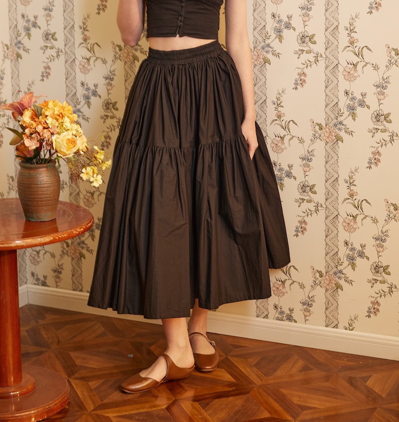 Brown Skirt Tiered Pocket Maxi Skirt Cotton Long Skirt Boho Pleated Skirt Flexible Waistband, Perfect for All Seasons image 6