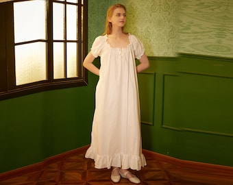 Ruffled Victorian Nightgown Vintage Summer Nightgown Loose White Long Sleepwear Ruffled Scoop Neckline Dress Elastic Sleeves