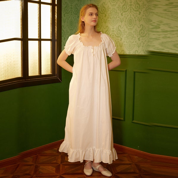 Ruffled Victorian Nightgown Vintage Summer Nightgown Loose White Long Sleepwear Ruffled Scoop Neckline Dress Elastic Sleeves