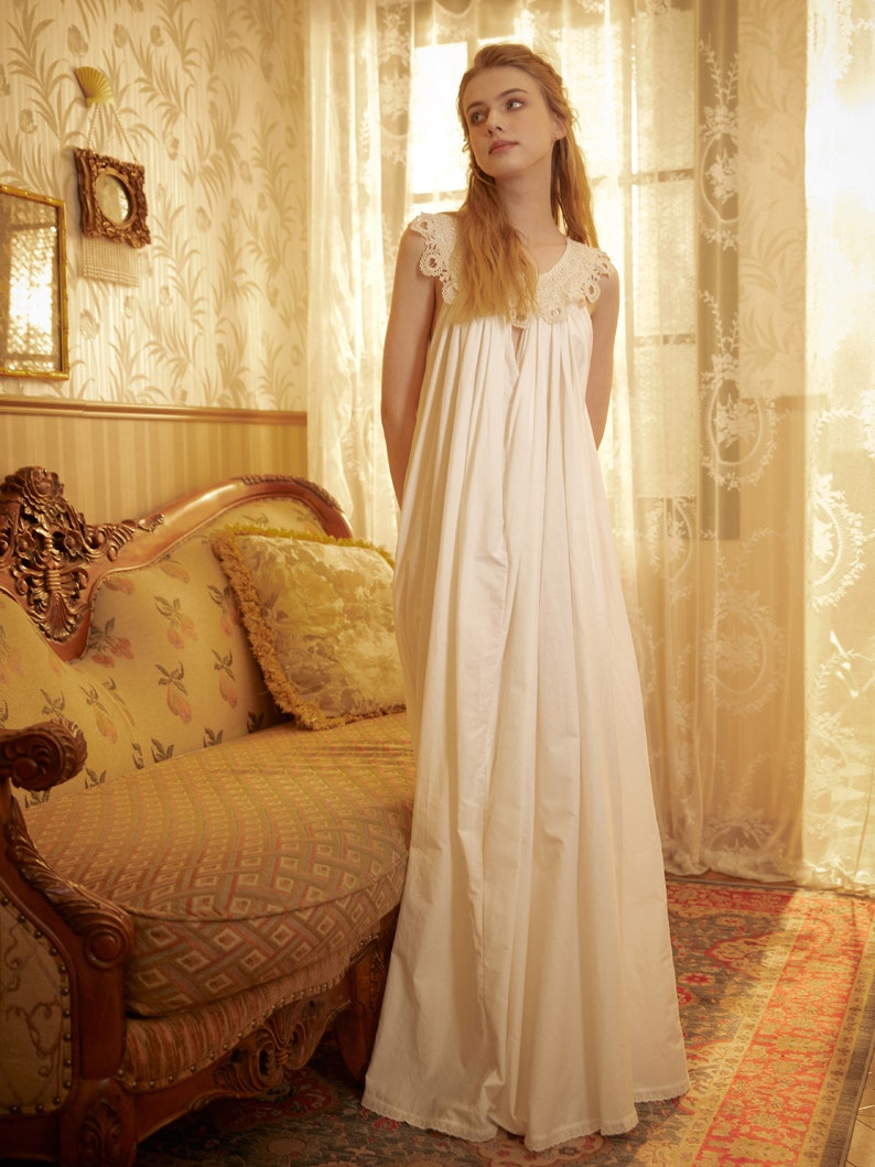 Victorian Nightgown for Women Vintage Nightie 100% Cotton Sleeveless long Sleepwear Plus Size Nightgown image 8