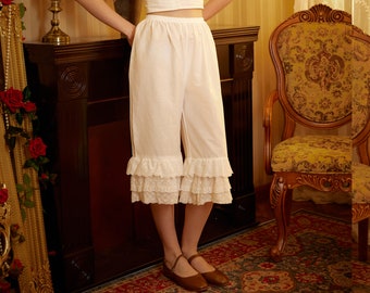 Vintage Cotton Bloomers Women Pantaloons Victorian Plus Size Bloomers Culottes Cropped Pants Loungewear Pettipants with Tiered Lace Edge