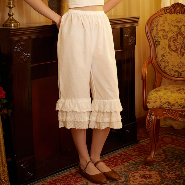 Vintage Cotton Bloomers Women Pantaloons Victorian Plus Size Bloomers Culottes Cropped Pants Loungewear Pettipants with Tiered Lace Edge