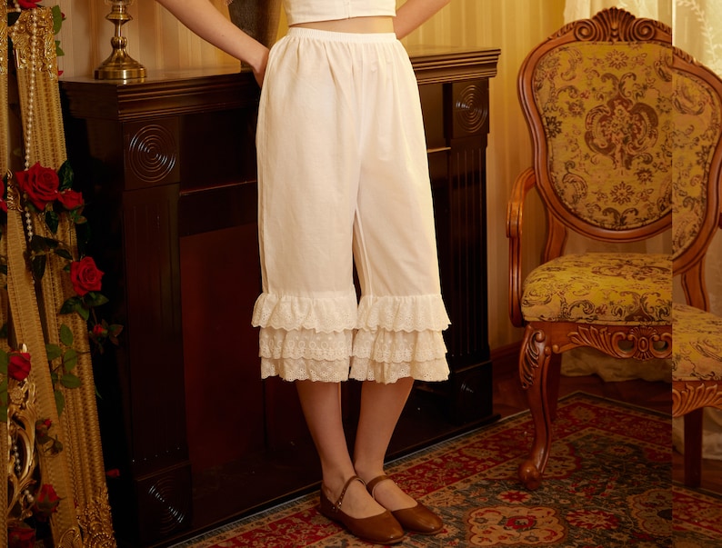 Vintage Cotton Bloomers Women Pantaloons Victorian Plus Size Bloomers Culottes Cropped Pants Loungewear Pettipants with Tiered Lace Edge image 1