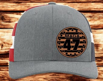 TRUMP 47 Leather Patch Hat / Trump 47 Trucker Cap / Trump Richardson 112 / Patch Trucker Hat / MAGA / Laser Engraved Leather Patch