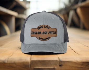 Custom Logo Hat, Leather Patch Hat, Company Branded Hat, Richardson Hat, Laser Engraved logo, Personalized Logo or Text, Trucker SnapBack