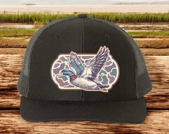 Mallard Duck Printed Leather Patch Hat / Richardson Trucker Hat / Duck Hunting Hat / Snapback Hat