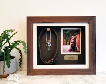 Pet Memorial Shadow Box | Custom Walnut Keepsake Frame for Collar, Photo & Name Plaque | Pet Loss Gift