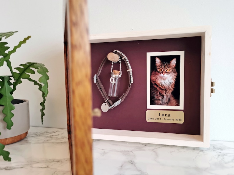May include: A wooden shadow box with a burgundy background. Inside the box is a photo of a cat named Luna, a small glass vial, and a silver collar with a charm. The plaque below the photo reads "Luna June 2003 - January 2023".