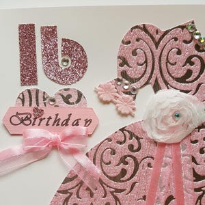 Sweet 16 Geburtstags-Dressstil-Notizkarte, handgemachte rosa und silberne Farb-Dressartnotizkarte, 3D verschönerte Dressingart süßen 16