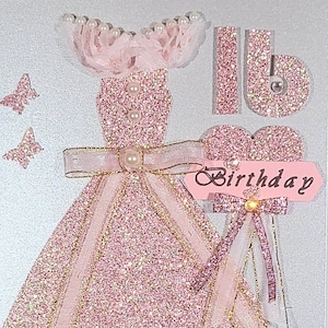Personalisierte Kleid Quinceañoa Karte | Sweet 16 Handmade-Einladung | 5' x 7" | überzogen mit Glitzerpapier mit Tüll, Band & Strasssteinen