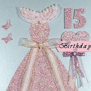 Quinceaño Karte, Geburtstagsgruß, handgemachte rosa Geburtstagskarte, verzierte Geburtstagskarte.