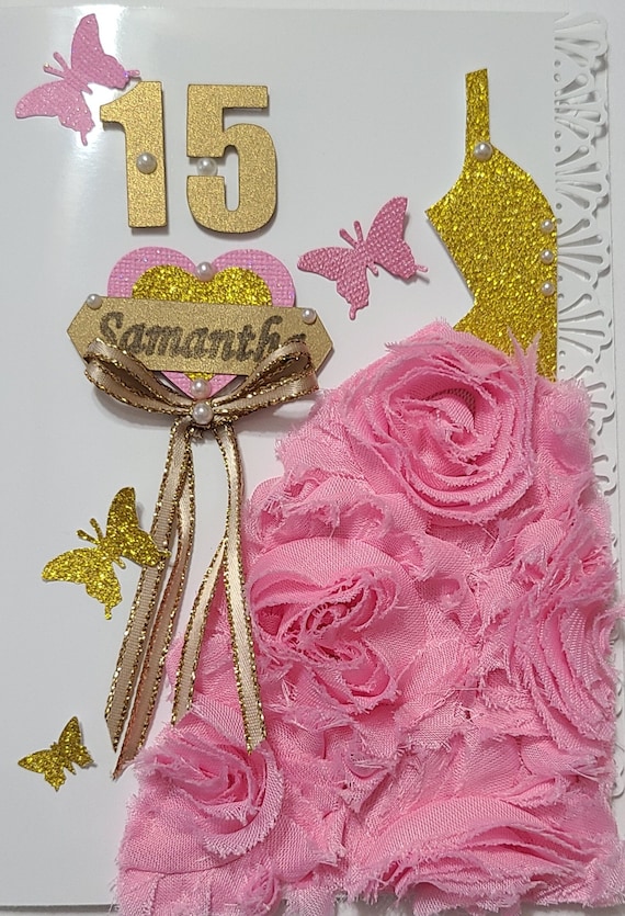 Handmade Pink & Gold Quinceaera Dress Card With Tulle Rose - Etsy