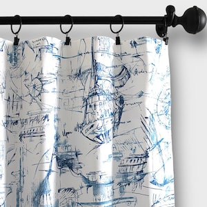 Schooner Nautical Curtains, Beach Curtain Panels,Drapery Window Treatments,Valance, Tier Kitchen Cafe Curtains.Custom Drapes-UNLINED