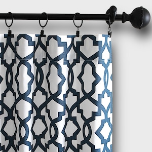 Sheffield Trellis  Curtains, Navy Blue Curtain Panels,Drapery Window Treatments,Valance, Tier Kitchen Cafe Curtains.Custom Drapes-UNLINED
