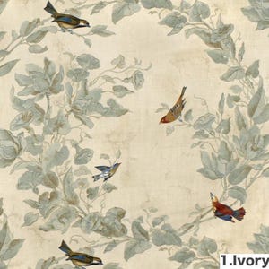 May include: A vintage style wallpaper pattern featuring a repeating design of blue-green leaves and vines with small birds in flight. The background is a light beige color.