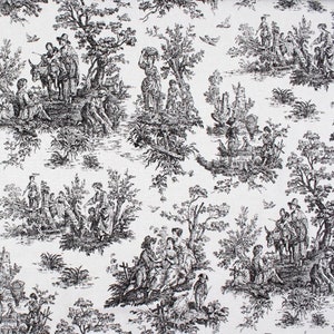 Könnte beinhalten: Schwarz-weißes Toile-Gewebe mit einem sich wiederholenden Muster aus Menschen, Tieren und Bäumen in einer ländlichen Umgebung.